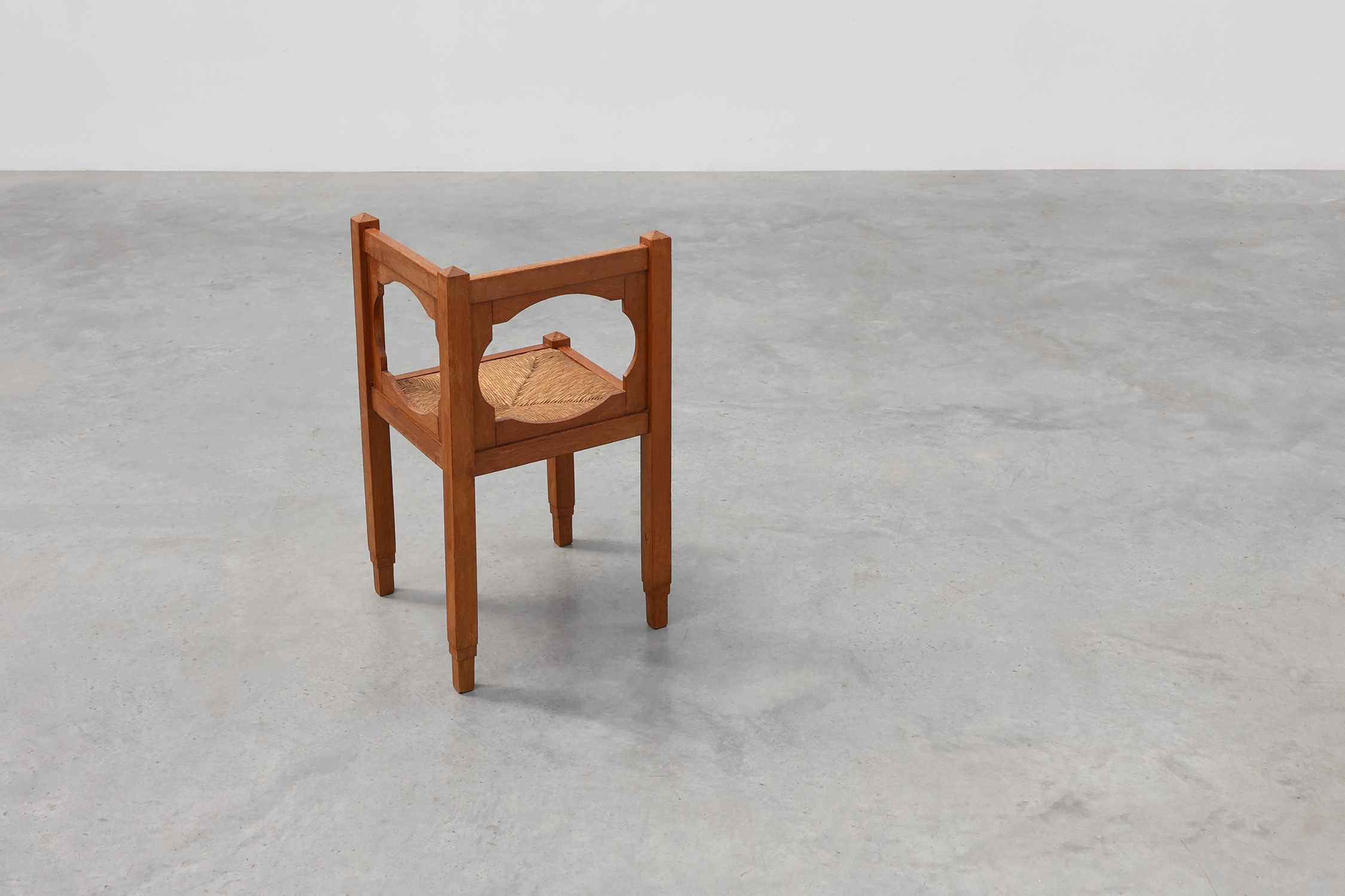 Art Deco Oak Corner Chair with Cut‑Out Backrest and Rush Seat, Belgium, circa 1920thumbnail